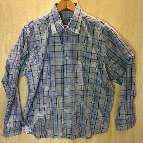 Bugatchi Men’s Classic Fit Blue White Plaid Check Shirt Size Large NEW no tags - Picture 1 of 7